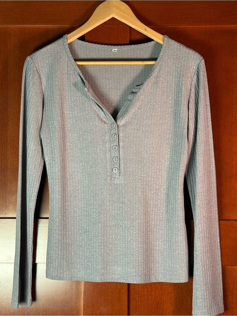 Y2K Gray Ribbed Henley Top Long Sleeve Fitted Shirt Small